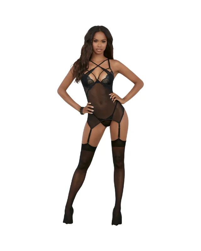 Black Strappy Chest Stocking Bustier Set