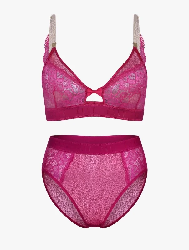 ELLE 24/7 Lace Triangle Bralette & High Waisted Brief Set - Pink