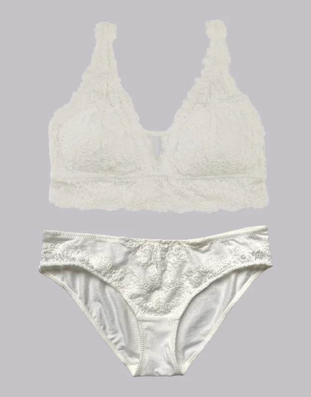 Floral Jacquard Plunge Bralette Set - Ivory