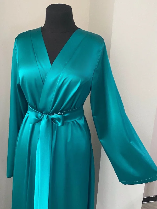 Green satin robe long Handmade