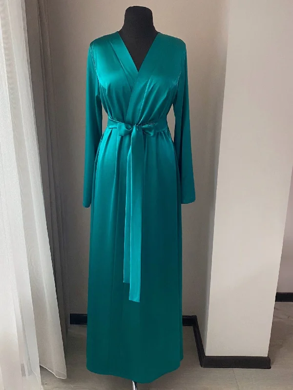 Green satin robe long Handmade