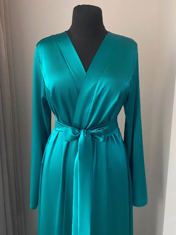 Green satin robe long Handmade