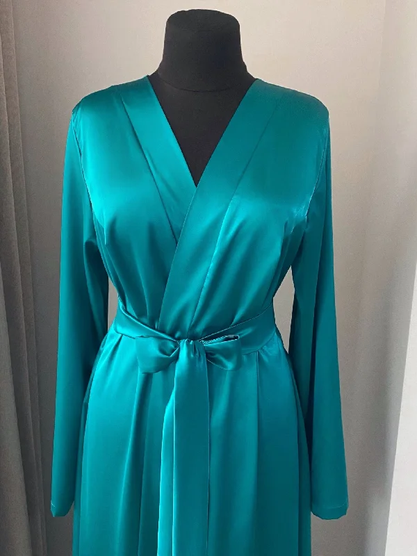 Green satin robe long Handmade