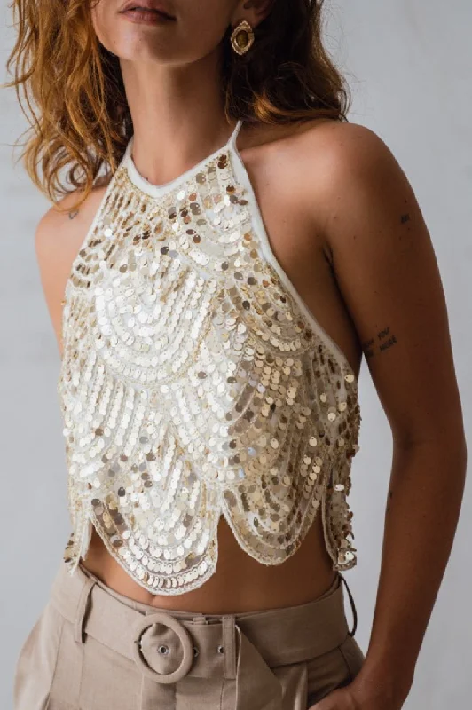 Cleo Gold Sequin Halter Tie Top