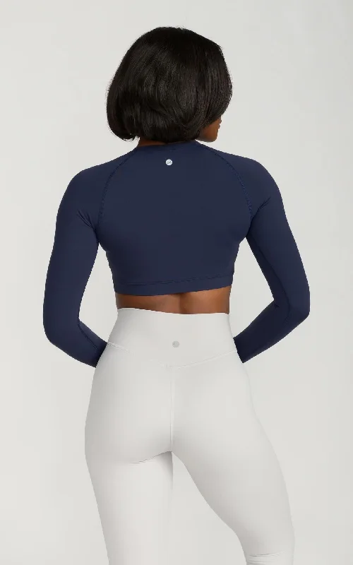 Long Sleeve Fitted Crop Top in Navy