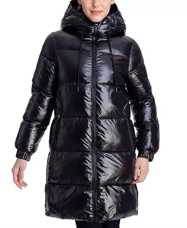 Down Shiny Hooded Puffer Coat in Black