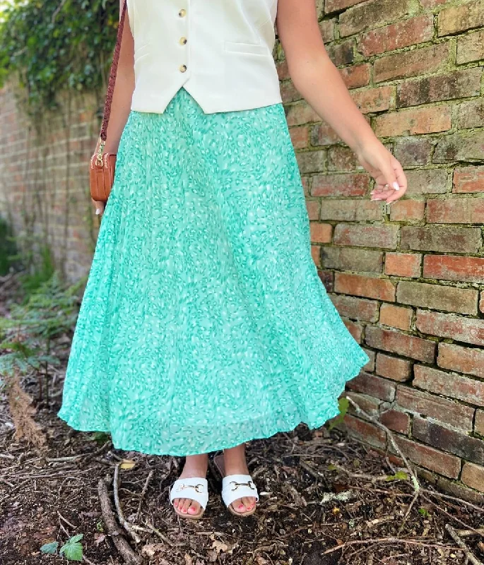 Green Swirling Animal Pleated Midi Skirt