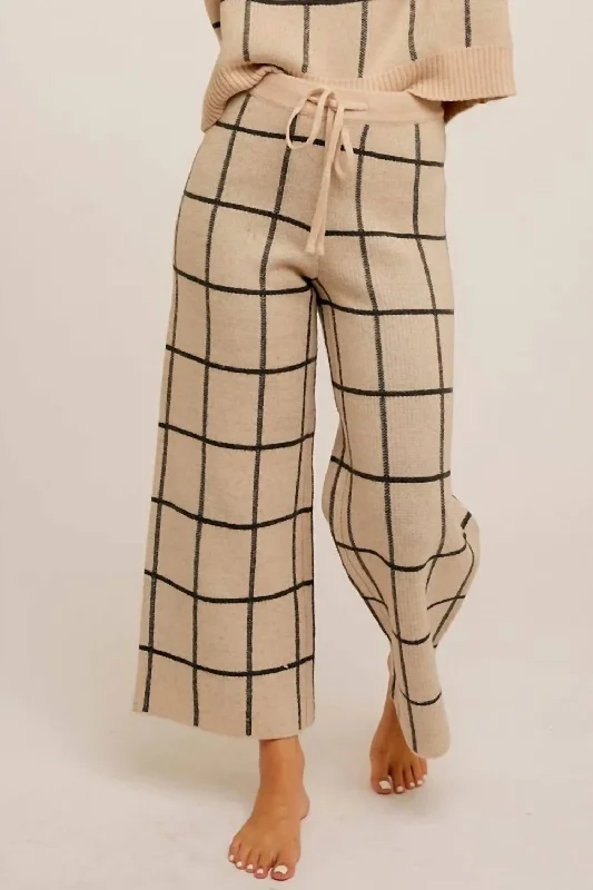 Grid Crop Wide Sweater Pants In Beige