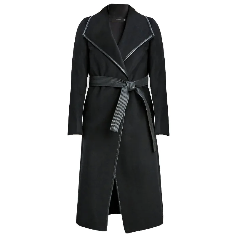 Juliette Double Face Faux Leather Trim Belted  Wool Coat Black in Black