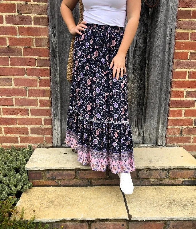 Navy Floral Frill Hem Skirt