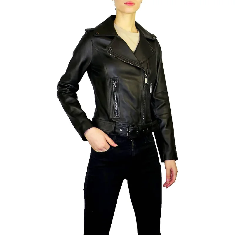 Outerwear Asymmetrical Zip Belted Short Leather Jacket in Black