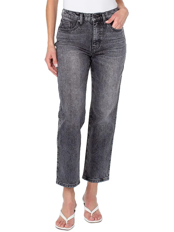 Womens Faded Denim Straight-Leg Ankle Jeans