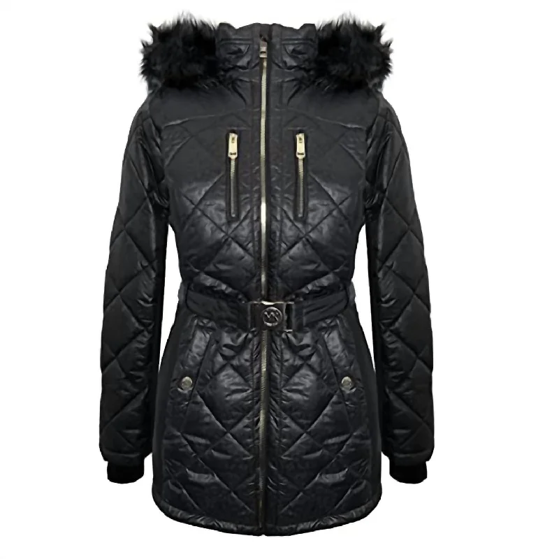 Women'S Scuba Stretch Belted Faux Fur Hood Quilted Coat in Black