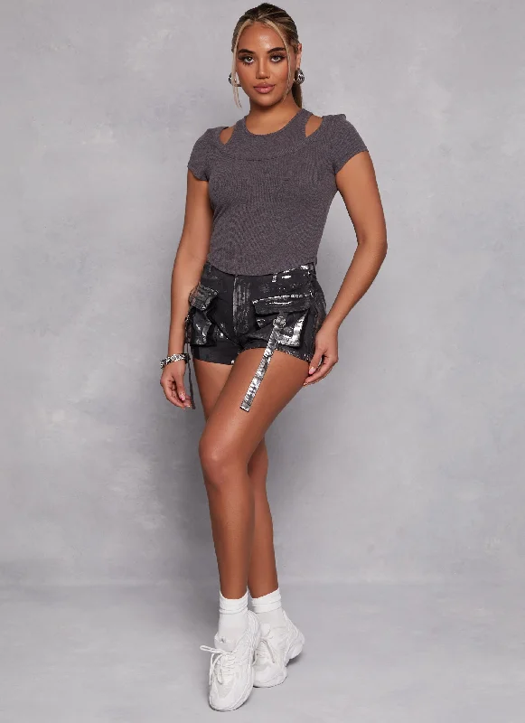 Daisy Foil Screen Strappy Cargo Denim Shorts