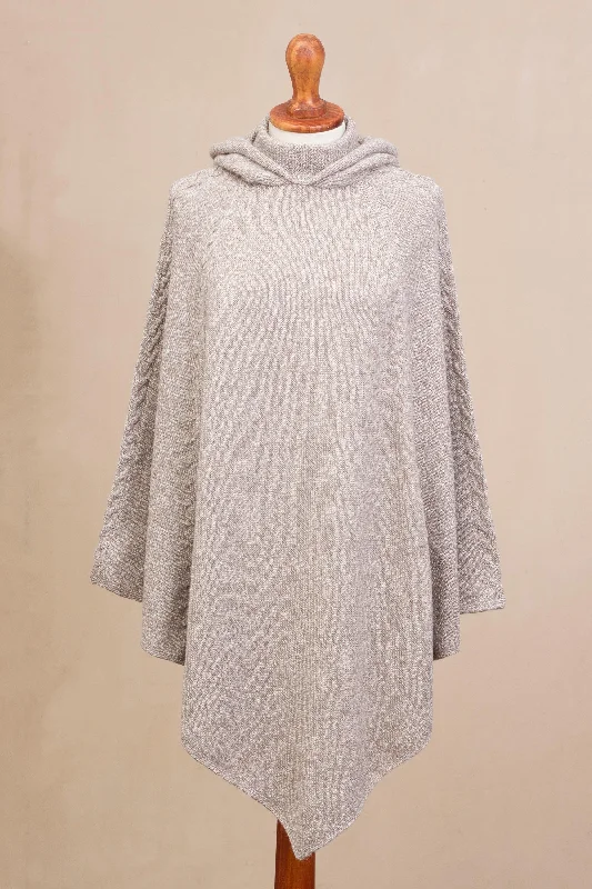 Adventurous Style in Taupe Knit Alpaca Blend Hooded Poncho in Taupe from Peru