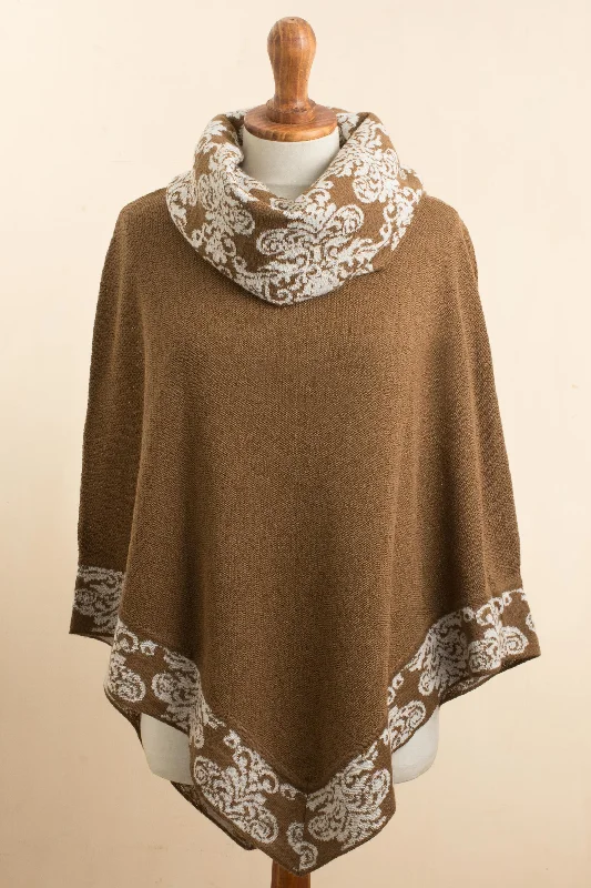 Glamour Glimpses Sepia Brown and Ivory Alpaca Blend Cowl Neck Knit Poncho