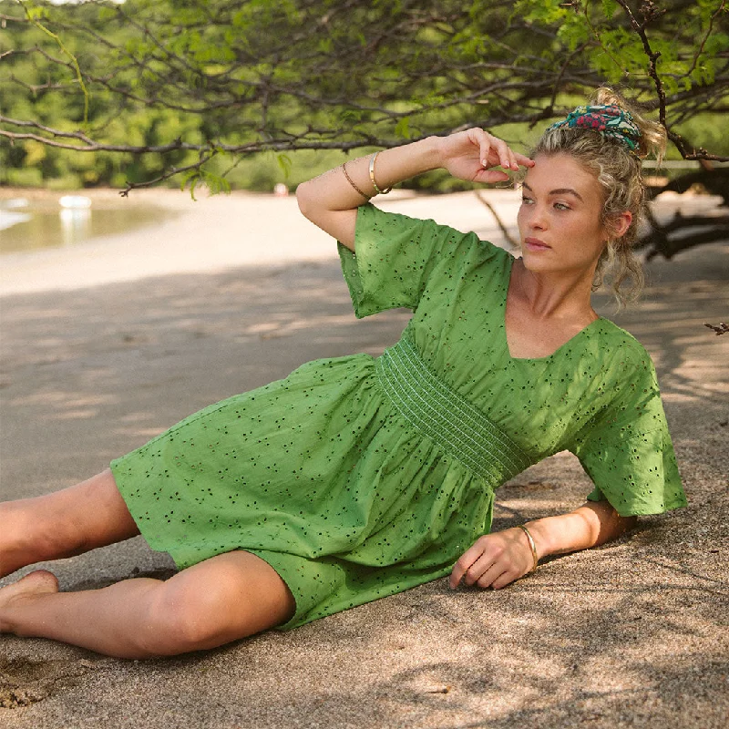 Smocked Dress, Green Eyelet