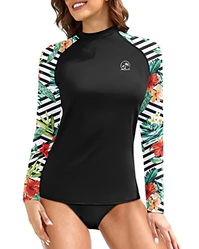 Women's Long Sleeve Rash Guard Swim Top With Upf 50+ Sun Protection-Black And Striped