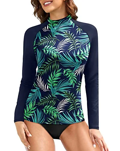 Women's Long Sleeve Rash Guard Swim Top Uv Upf 50+ Sun Protection-Blue Leaf