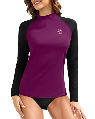 Raglan Sleeve And Crew Neck Long Sleeve Swim Shirts For Women-Maroon