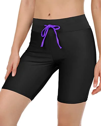 Women's Swim Shorts With Tummy Control Long Board Shorts-Black Purple