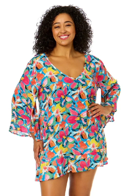 Women's Plus Size Amalfi Floral Flounce V Neck Tunic Swimsuit Cover Up