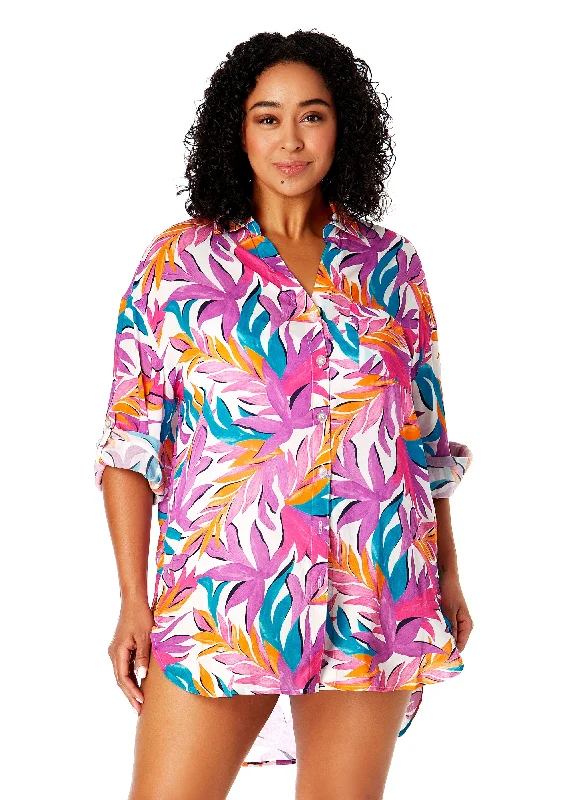 Women's Plus Size Dance Floor Palm Button Down Shirt Swimsuit Cover Up