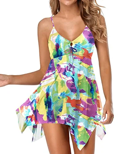 Women Flowy Swim Dress With Boy Shorts Two Piece Swim Dress-Color Tie Dye