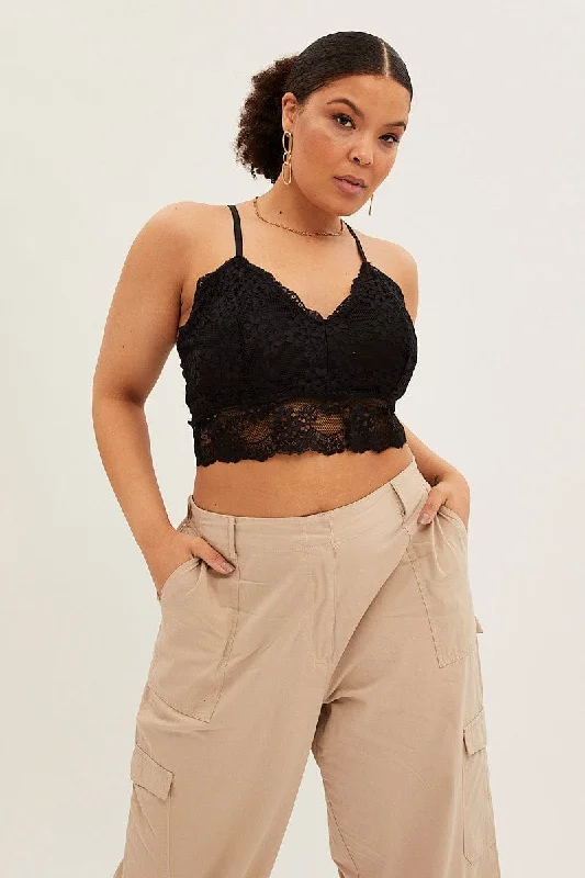 Black Bralette Top Shoestring Strap Lace