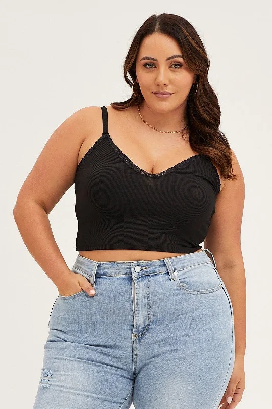 Black V-neck Lace Trim Crop Singlet Top