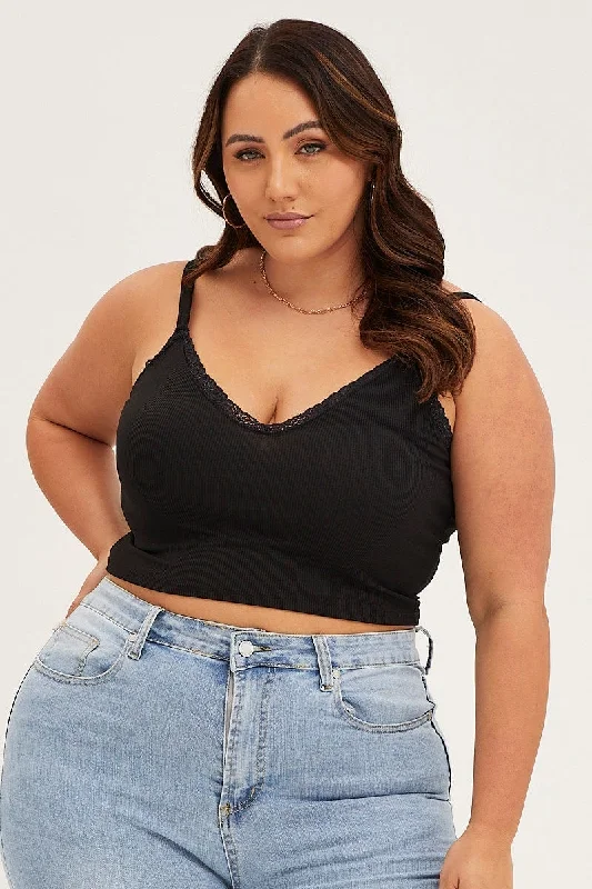 Black V-neck Lace Trim Crop Singlet Top