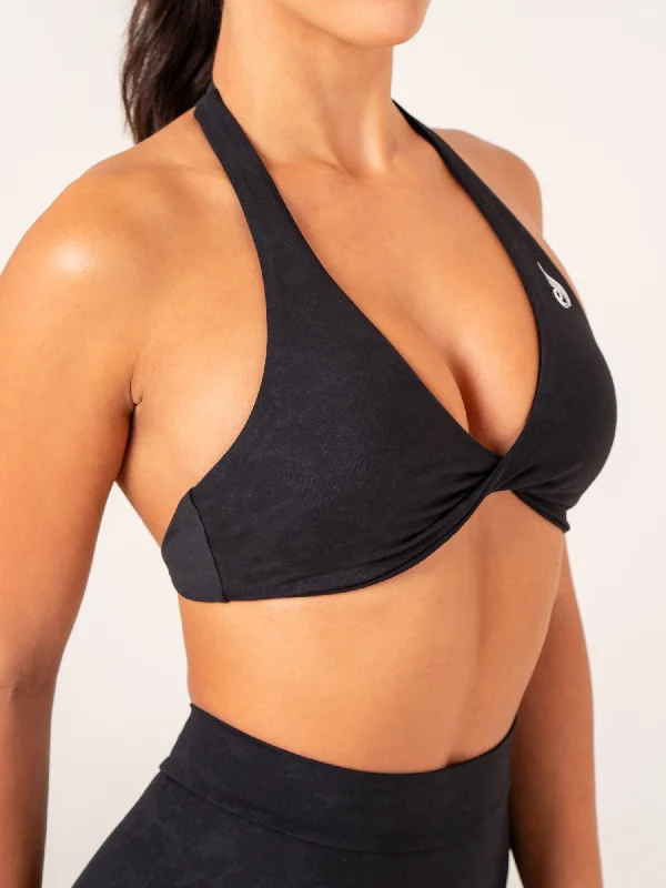 NKD Stonewash Halter Sports Bra - Black Stonewash